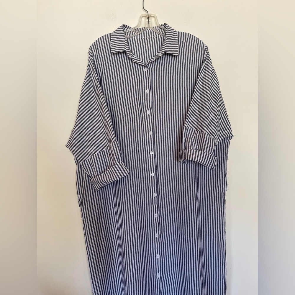 100% Cotton‎ Shirt Dress Striped  Button-Up Collared ChouYatou Medium Maxi Midi